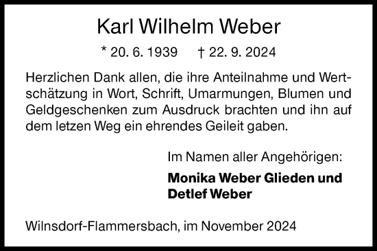 Traueranzeige von Karl Wilhelm Weber von Siegener Zeitung