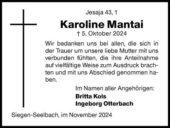 Traueranzeige von Karoline Mantai von Siegener Zeitung