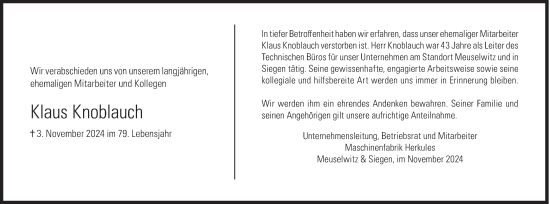 Traueranzeige von Klaus Knoblauch von Siegener Zeitung