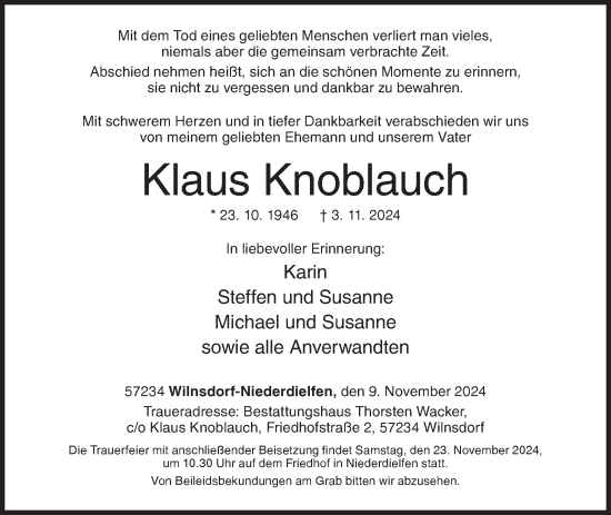 Traueranzeige von Klaus Knoblauch von Siegener Zeitung