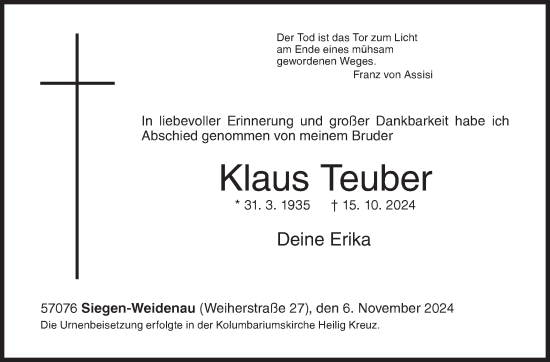 Traueranzeige von Klaus Teuber von Siegener Zeitung