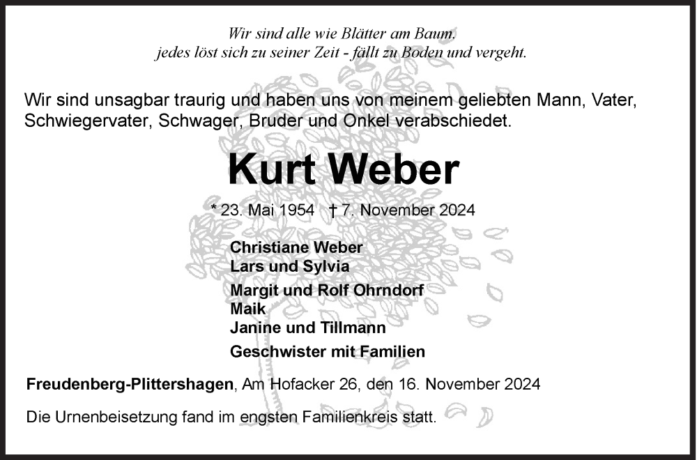  Traueranzeige für Kurt Weber vom 16.11.2024 aus Siegener Zeitung