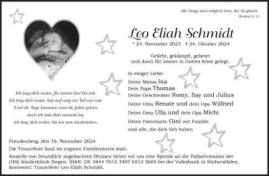 Traueranzeige von Leo Eliah Schmidt von Siegener Zeitung
