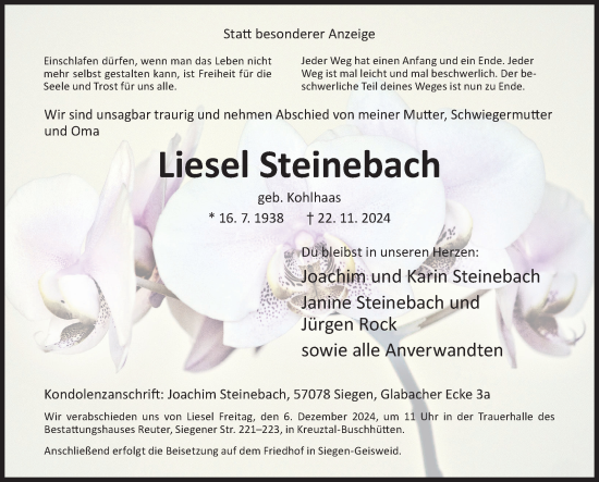 Traueranzeige von Liesel Steinebach von Siegener Zeitung