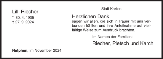 Traueranzeige von Lilli Riecher von Siegener Zeitung