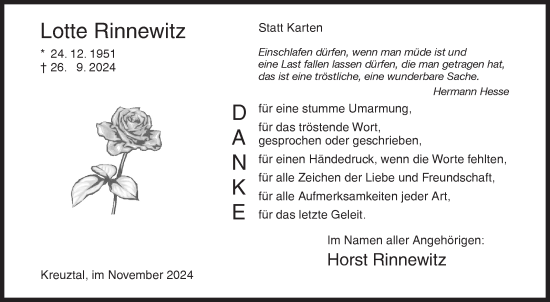 Traueranzeige von Lotte Rinnewitz von Siegener Zeitung