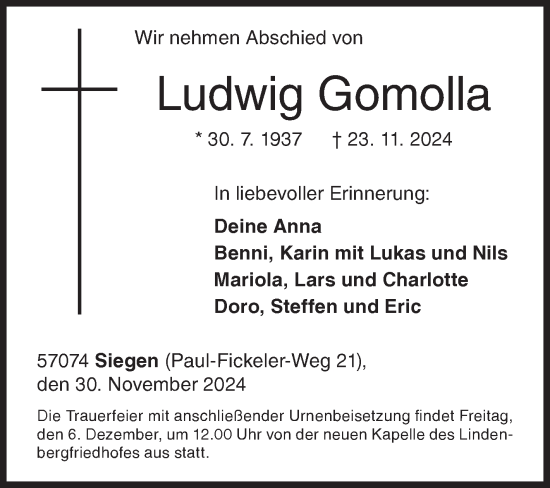 Traueranzeige von Ludwig Gomolla von Siegener Zeitung