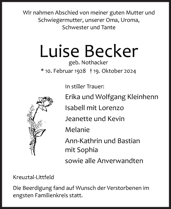 Traueranzeige von Luise Becker von Siegener Zeitung