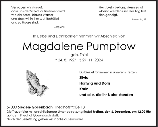 Traueranzeige von Magdalene Pumptow von Siegener Zeitung
