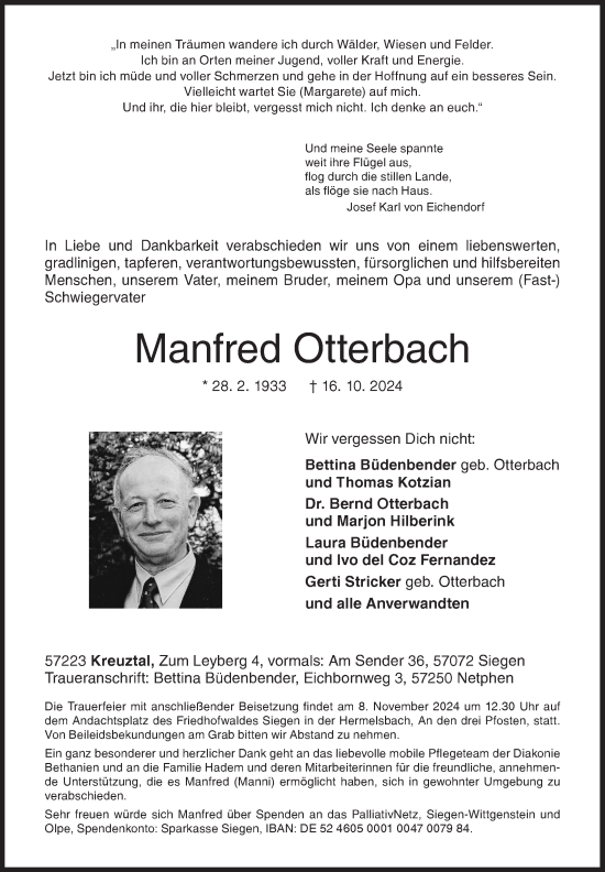 Traueranzeige von Manfred Otterbach von Siegener Zeitung