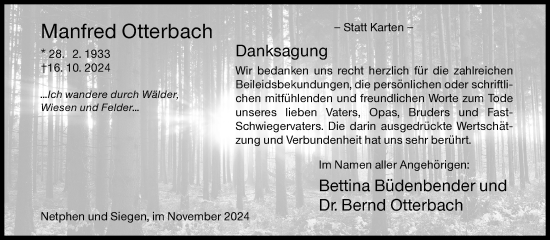 Traueranzeige von Manfred Otterbach von Siegener Zeitung
