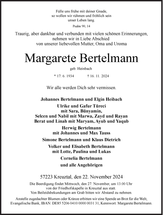 Traueranzeige von Margarete Bertelmann von Siegener Zeitung