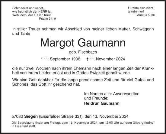 Traueranzeige von Margot Gaumann von Siegener Zeitung