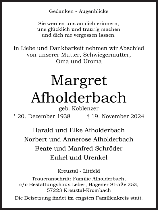 Traueranzeige von Margret Afholderbach von Siegener Zeitung