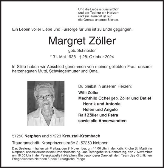 Traueranzeige von Margret Zöller von Siegener Zeitung