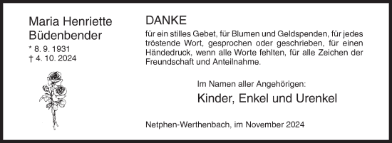 Traueranzeige von Maria Henriette Büdenbender von Siegener Zeitung