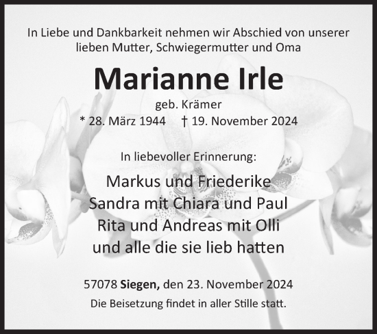 Traueranzeige von Marianne Irle von Siegener Zeitung