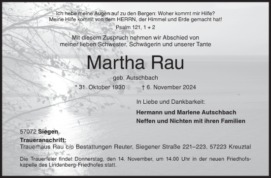 Traueranzeige von Martha Rau von Siegener Zeitung