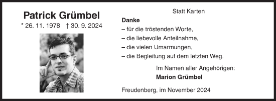 Traueranzeige von Patrick Grümbel von Siegener Zeitung