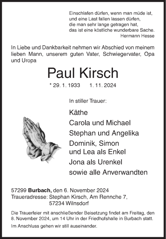 Traueranzeige von Paul Kirsch von Siegener Zeitung