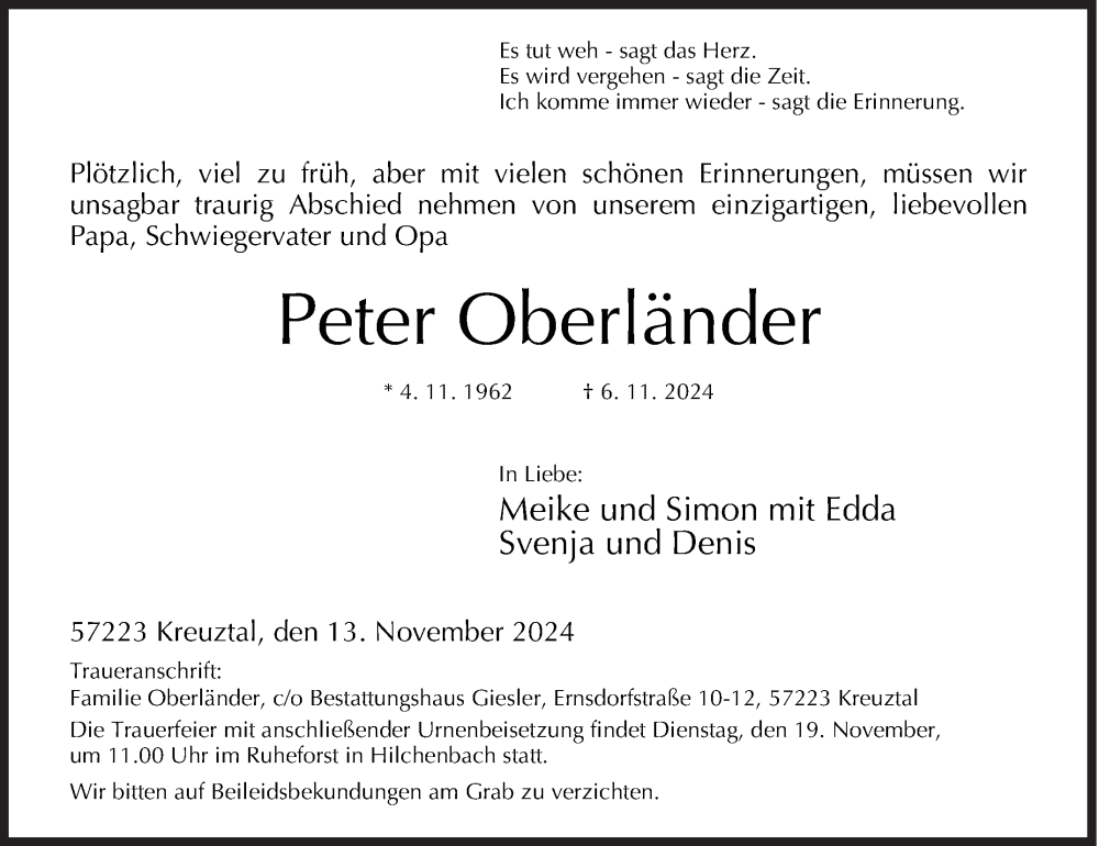  Traueranzeige für Peter Oberländer vom 13.11.2024 aus Siegener Zeitung
