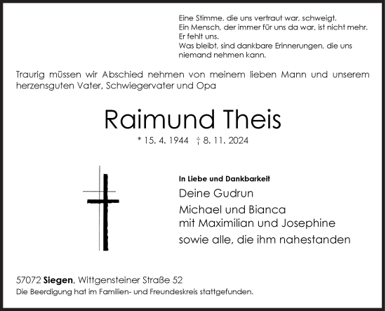 Traueranzeige von Raimund Theis von Siegener Zeitung