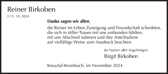 Traueranzeige von Reiner Birkoben von Siegener Zeitung