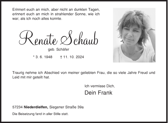 Traueranzeige von Renate Schaub von Siegener Zeitung