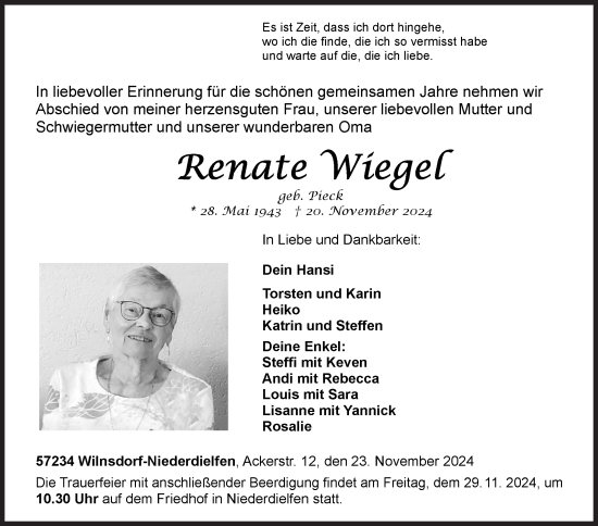 Traueranzeige von Renate Wiegel von Siegener Zeitung