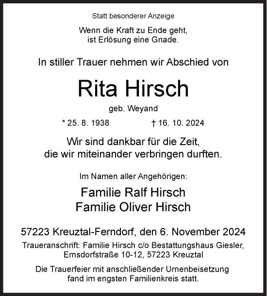 Traueranzeige von Rita Hirsch von Siegener Zeitung