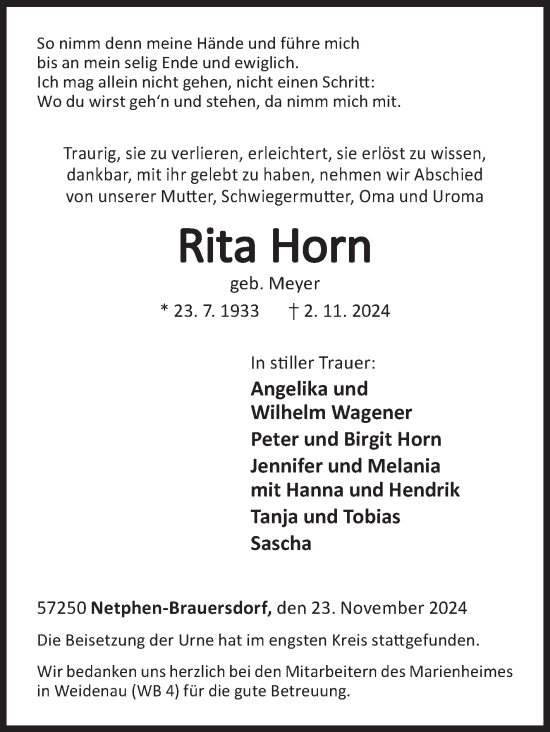 Traueranzeige von Rita Horn von Siegener Zeitung