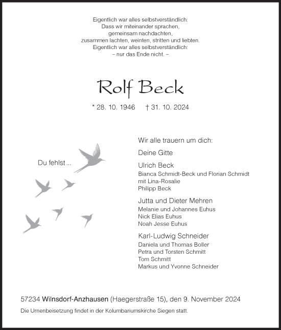Traueranzeige von Rolf Beck von Siegener Zeitung