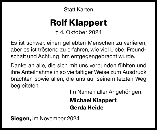 Traueranzeige von Rolf Klappert von Siegener Zeitung