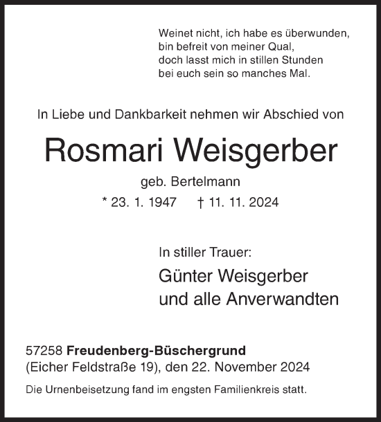 Traueranzeige von Rosmari Weisgerber von Siegener Zeitung