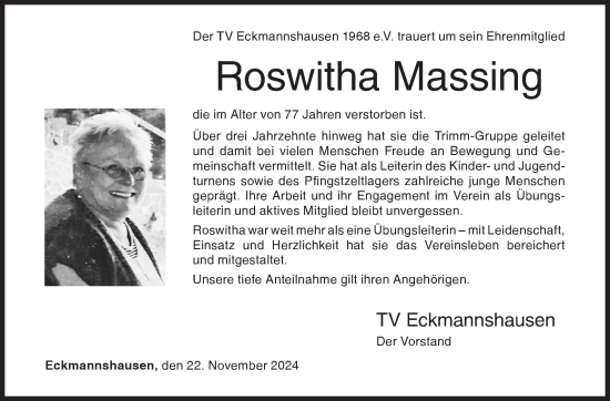 Traueranzeige von Roswitha Massing von Siegener Zeitung
