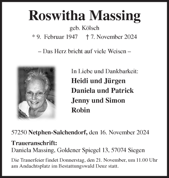 Traueranzeige von Roswitha Massing von Siegener Zeitung