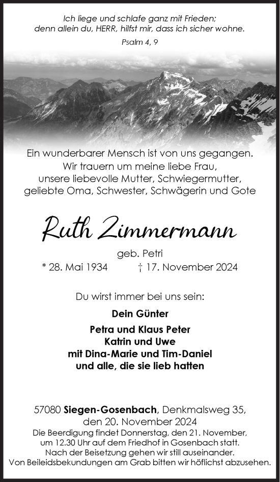 Traueranzeige von Ruth Zimmermann von Siegener Zeitung