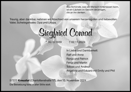 Traueranzeige von Siegfried Conrad von Siegener Zeitung