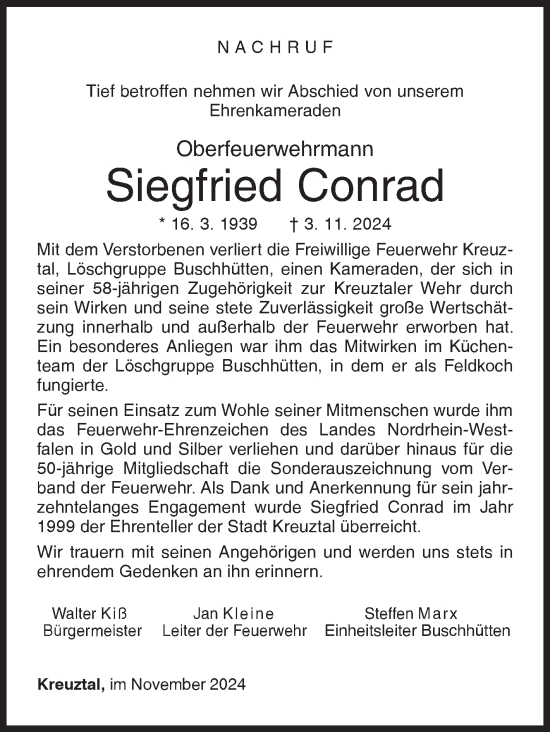 Traueranzeige von Siegfried Conrad von Siegener Zeitung