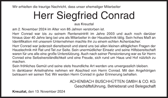 Traueranzeige von Siegfried Conrad von Siegener Zeitung