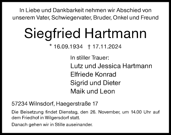 Traueranzeige von Siegfried Hartmann von Siegener Zeitung