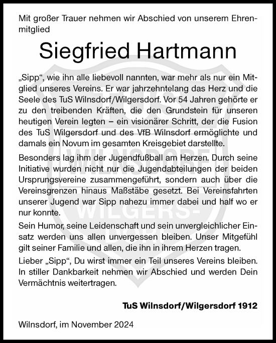 Traueranzeige von Siegfried Hartmann von Siegener Zeitung