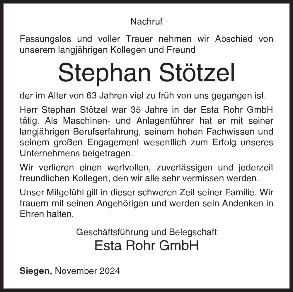 Traueranzeige für Stephan Stötzel vom 15.11.2024 aus Siegener Zeitung
