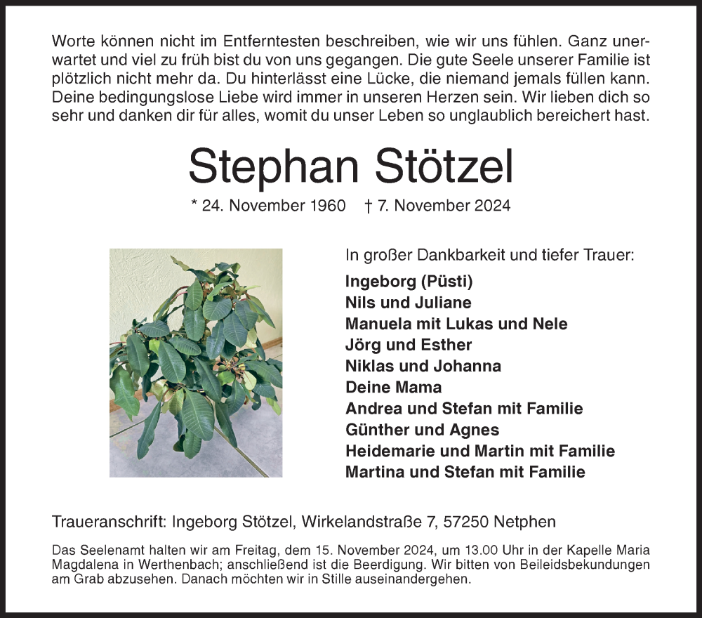  Traueranzeige für Stephan Stötzel vom 13.11.2024 aus Siegener Zeitung