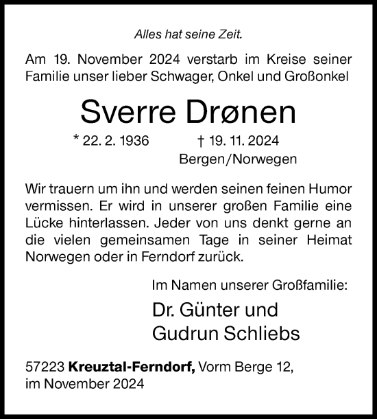 Traueranzeige von Sverre Dronen von Siegener Zeitung