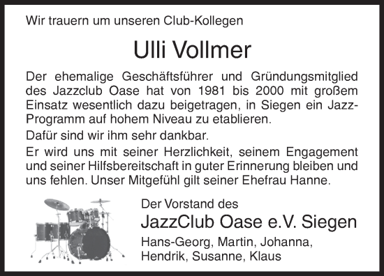 Traueranzeige von Ulli Vollmer von Siegener Zeitung