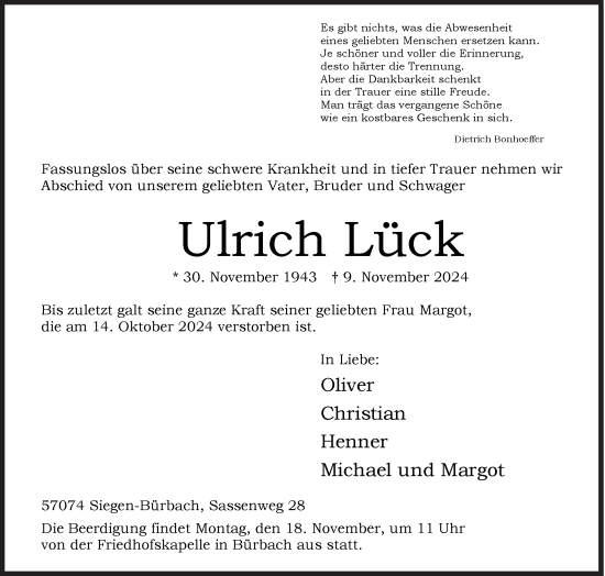 Traueranzeige von Ulrich Lück von Siegener Zeitung