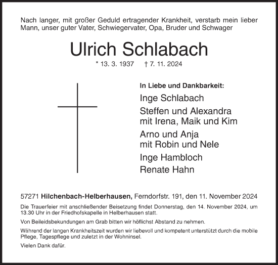 Traueranzeige von Ulrich Schlabach von Siegener Zeitung