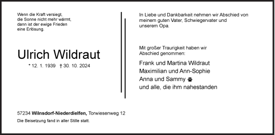 Traueranzeige von Ulrich Wildraut von Siegener Zeitung