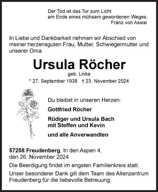 Traueranzeige von Ursula Röcher von Siegener Zeitung